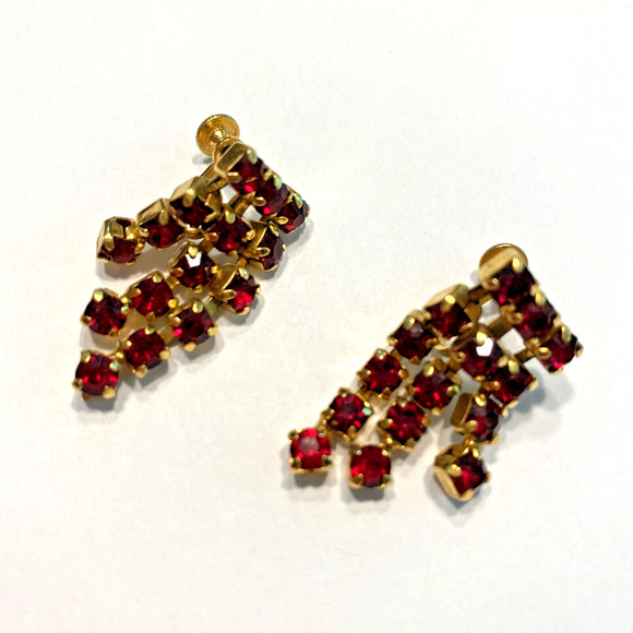Screwback Earrings Gold & Red Rhinestone Drop Dangle Elegant Dressy Mid Century - Picture 2 of 6